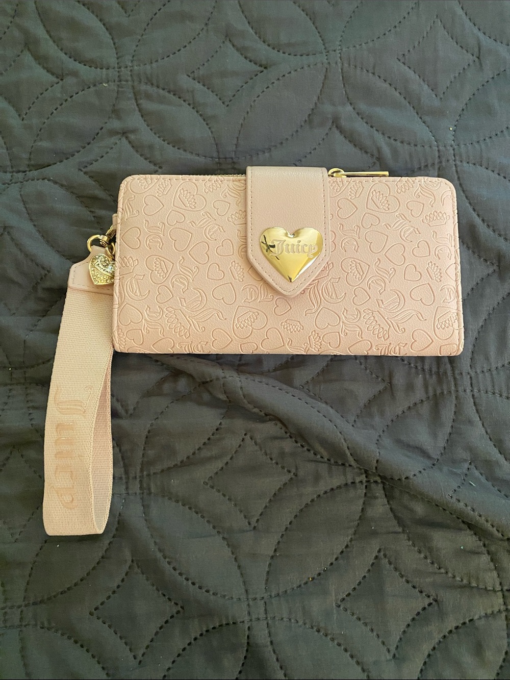 Juicy Couture Pink Heart-Embossed Wristlet Wallet with Gold Heart Plaque